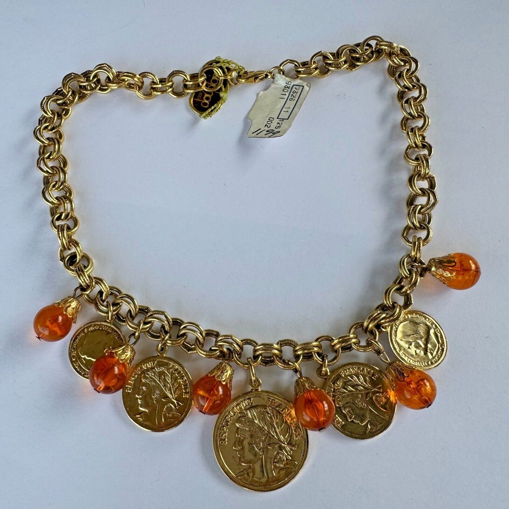 Vintage Carol DAUPLAISE 1970's Haute Couture 17" Gold Tone Charm Coin Necklace